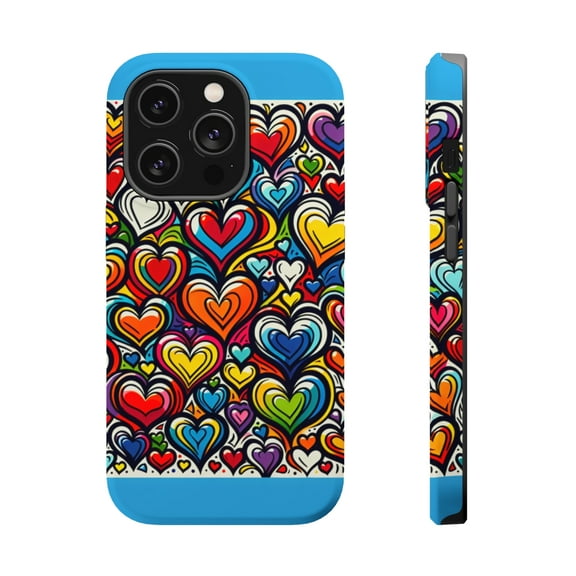 DistinctInk Tough Case for Apple iPhone 15 Pro MAX (6.7" Screen), Compatible with MagSafe Charging - Vibrant, Multicolored Hearts in Graffiti Style
