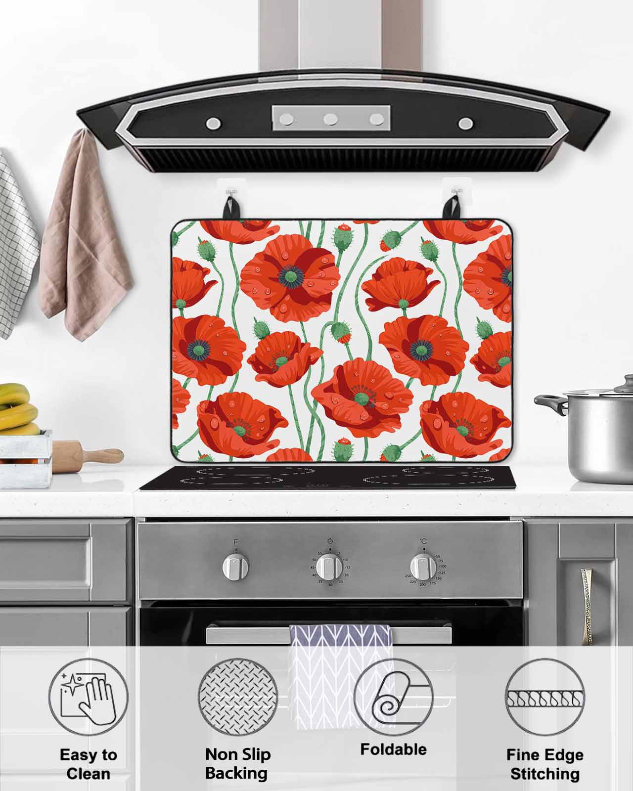 Large Induction Cooktop Protector Mat Red Flowers Stove Top Covers for Electric Stove, Spring Floral Watercolor Botanical Decorative Stove Burner Cover Mats, Glass Top Stove Cover