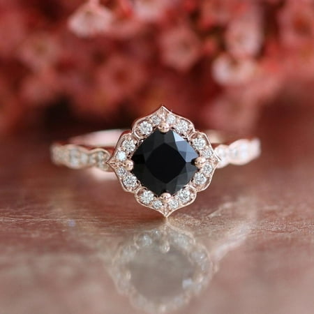 Limited Time Sale 1.25 carat Black Diamond Halo Engagement Ring Wedding Ring in 10k Rose Gold for Women on Affordable