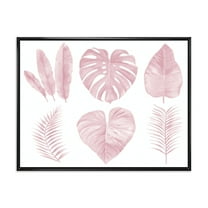 Designart 'Tropical Pink Watercolour Leaves On White I' Shabby Chic Framed Canvas Wall Art Print