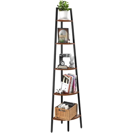 Corner Shelf 5-Tier Corner Bookshelf with Metal Frame & Wood Ladder Shelves - Display Shelf & Tall Bookcase Plant Stand for Home Decor - Bedroom Living Room Office