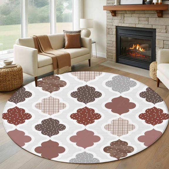 Round Area Rug 8 Ft, Moroccan Geometric Washable Non-Slip Circle Carpet for Living Room/Bedroom, Vintage Boho Rhombic Pattern Red Gray Collection Low-Profile Large Area Rugs for Indoor