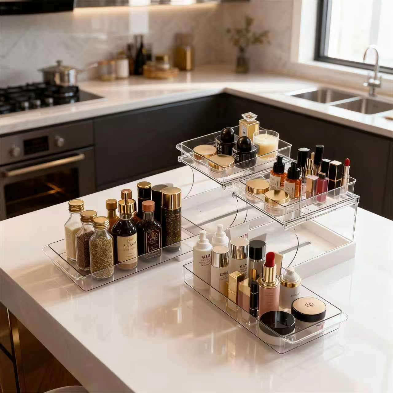 RGHJAR-Pull Out 2 Tier Under Sink Organizer Clear Cabinet Organizer for Kitchen Bathroom Storage Rotating Pantry Rack for Spice Organization and Makeup Organizer for Drawer Durable Design 2 Pack