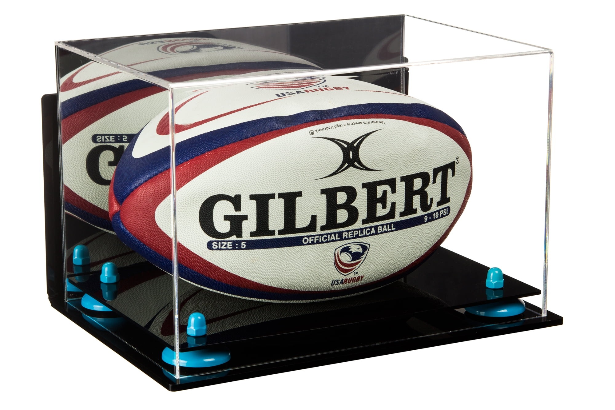 Deluxe Acrylic Rugby Ball Display Case with Blue Risers, Mirror and
