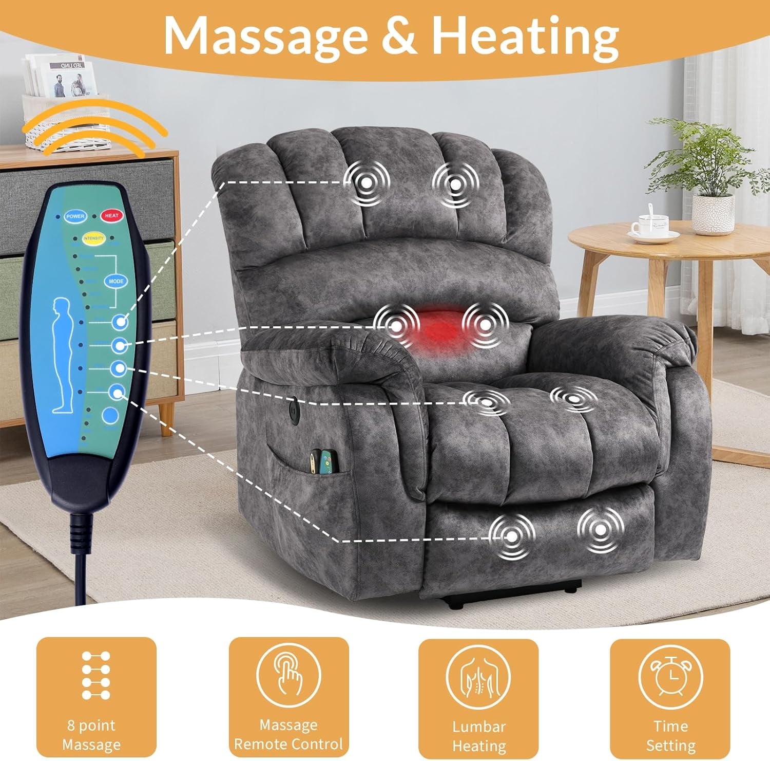 Large Electric Power Lift Chairs Recliners for Elderly Big Man with Massage and Heat, Oversized Wide Reclining Chairs for Living Room with Extended Footrest(Plush-Grey)