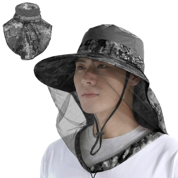 AYAMAYA Mosquito Head Net Mesh, UPF 50 Wide Brim Fishing Hat with Neck Flap for Men Women Outdoor Fishing Hiking Camping Gardening, Black