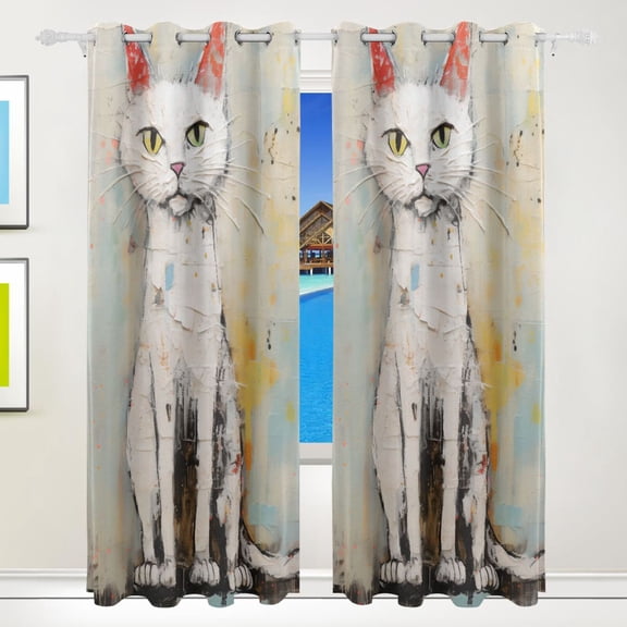 Cat White in Blue Wall Curtains Black Out 72 Inch Length Curtains for Sliding Glass Doors Bedroom Living Room 2 Pack