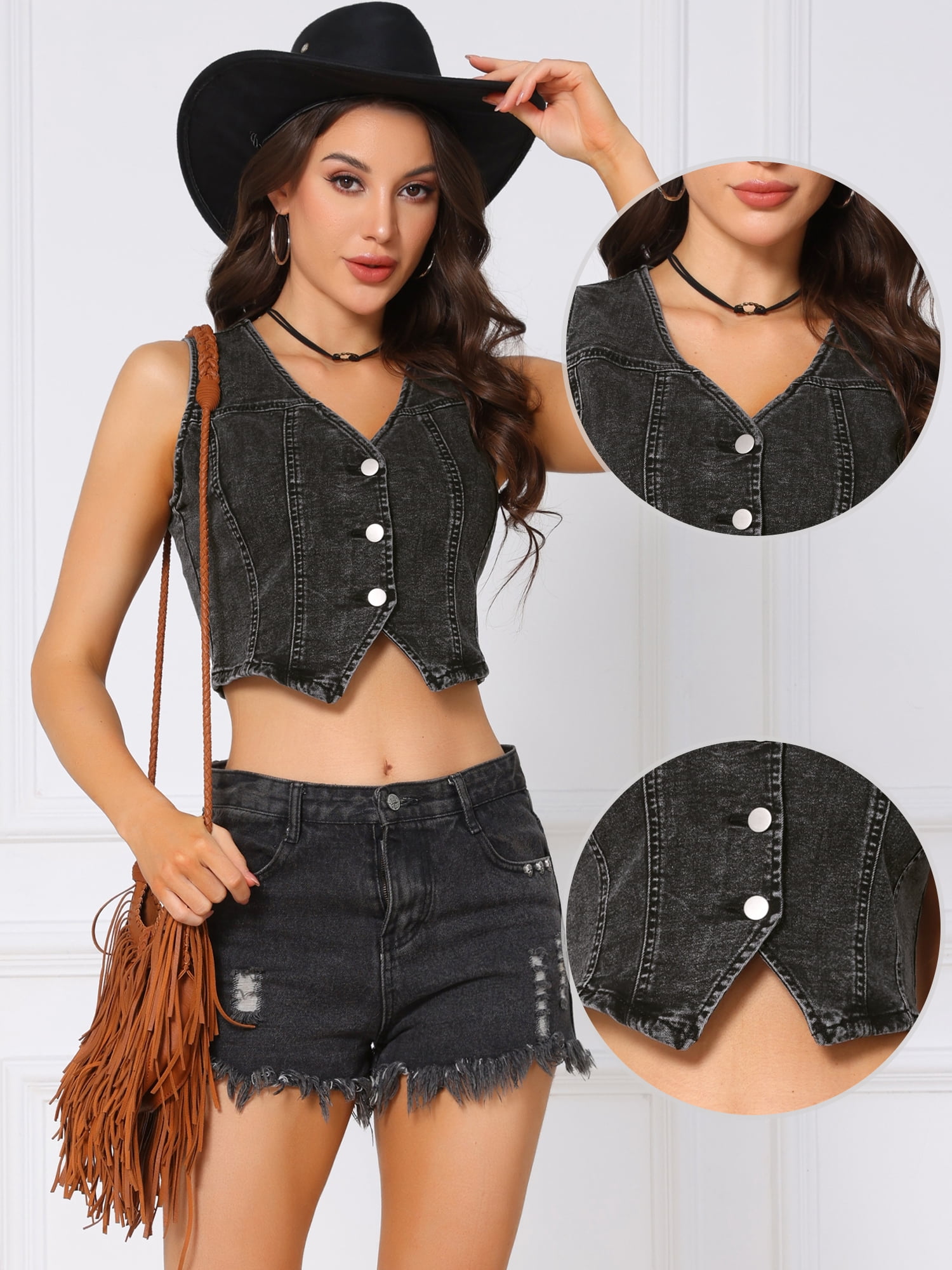 DARING DIVA Women's Sleeveless V Neck Button Down Cropped Jean Vest S Black
