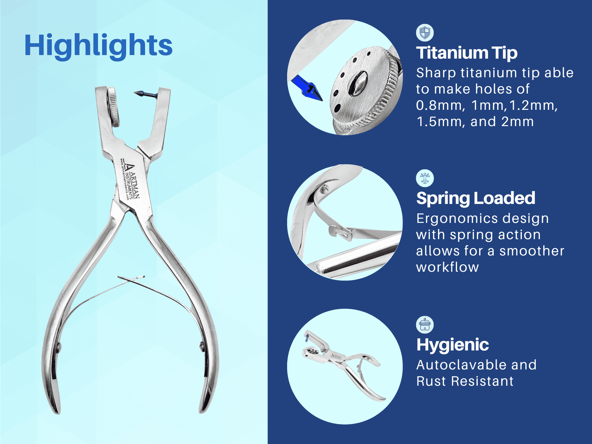 Ainsworth Rotary Punch Pliers for Rubber and Leather, 5 Hole Sizes 0.8, 1.0, 1.2, 1.5, 2 mm by Artman Instruments