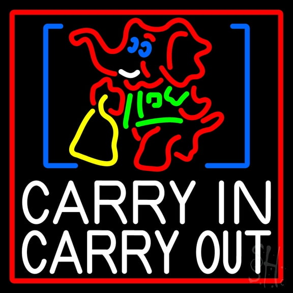 Carry In Carry Out With Elephant LED Neon Sign 16 x 16 - inches, Clear Edge Cut Acrylic Backing, with Dimmer - Bright and Premium built indoor LED Neon Sign for restaurant window and interior decor.