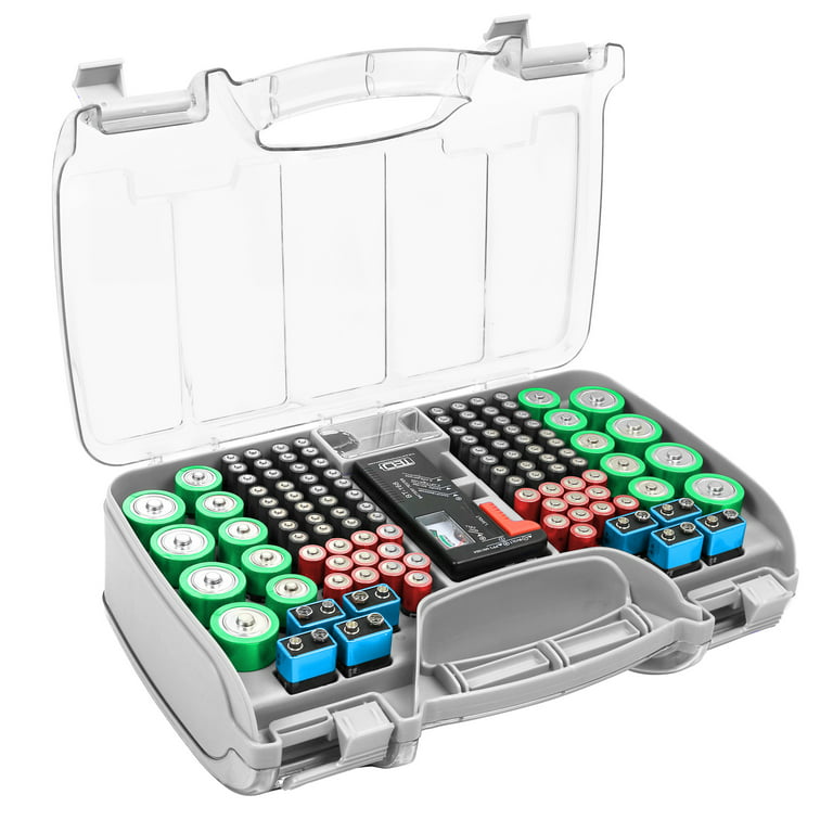 The Battery Organizer Storage Case with Hinged Clear Cover, Includes a  Removable Battery Tester, Holds 180 Batteries Various Sizes Gray. 