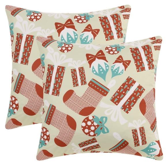 Unique Bargains Set of 2 Christmas Printed Throw Pillow Covers Velvet Cushion Covers Beige Red 18" x 18"