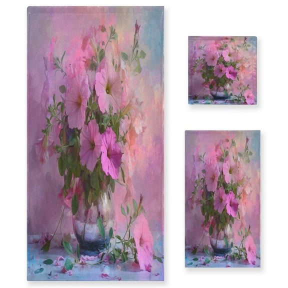 3 Sizes of Towel Sets Including Bath Towel Hand Towel and Washcloth for Daily Use Pink Petunias