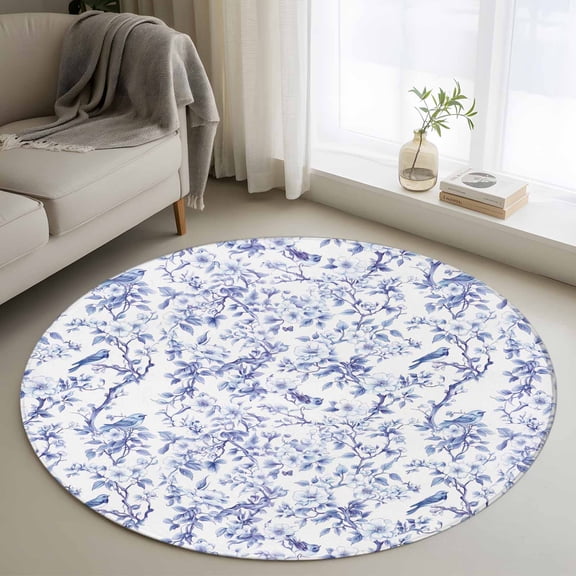 Blue Botanical Round Area Rug 4 FT, Non Slip Indoor Outdoor Rug, Elegant Watercolor Botanical Birds Washable Soft Circular Carpet Non-Shedding Floor Mat for Coffee Table Nursery Foyer Balcony