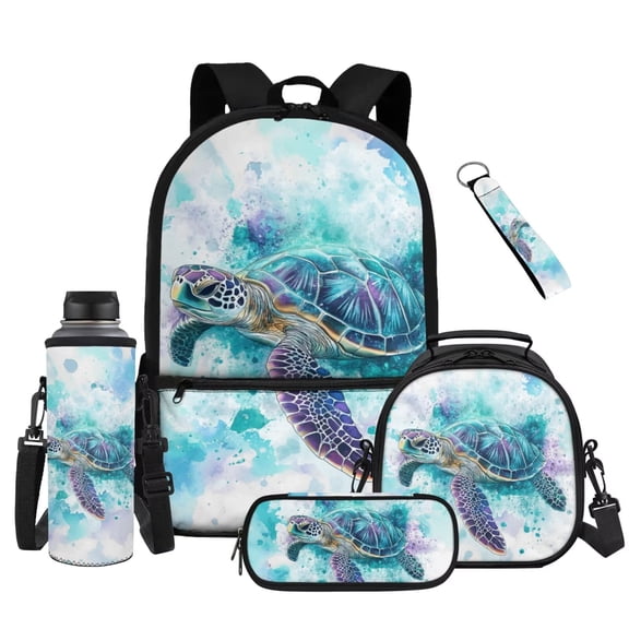 Yuyamidu Sea Turtle Kids Backpack with Lunch Box, Pencil Case, Water Bottle Pouch & Keychain, 17 inch Lightweight Bookbag for Elementary 3rd-6th Grade Girls Ages 8-12, Back to School Supplies