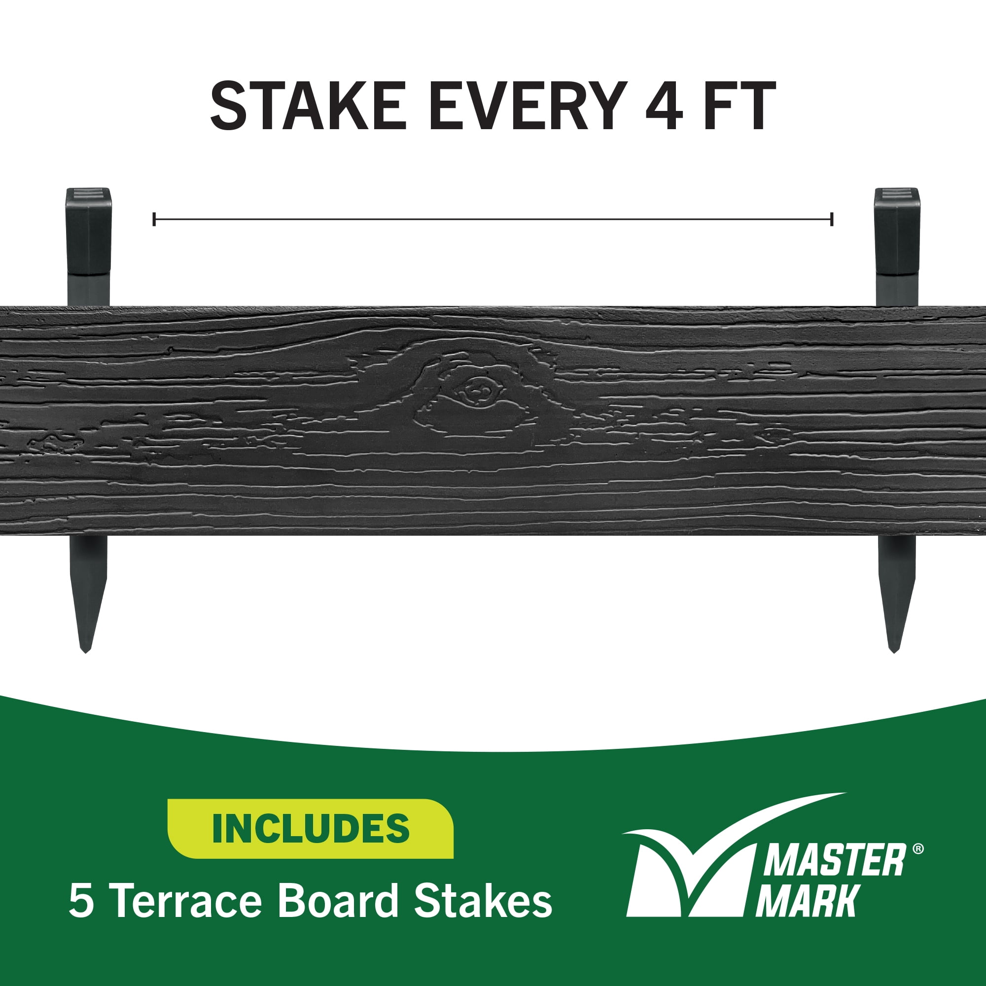 Master Mark Terrace Board 5-Inch x 20-Ft Plastic Garden Edging Border, Black Wood Grain, Flexible & Durable, Includes 5 Anchoring Stakes, Made in USA - Ideal for Landscape Edging & Garden Fence
