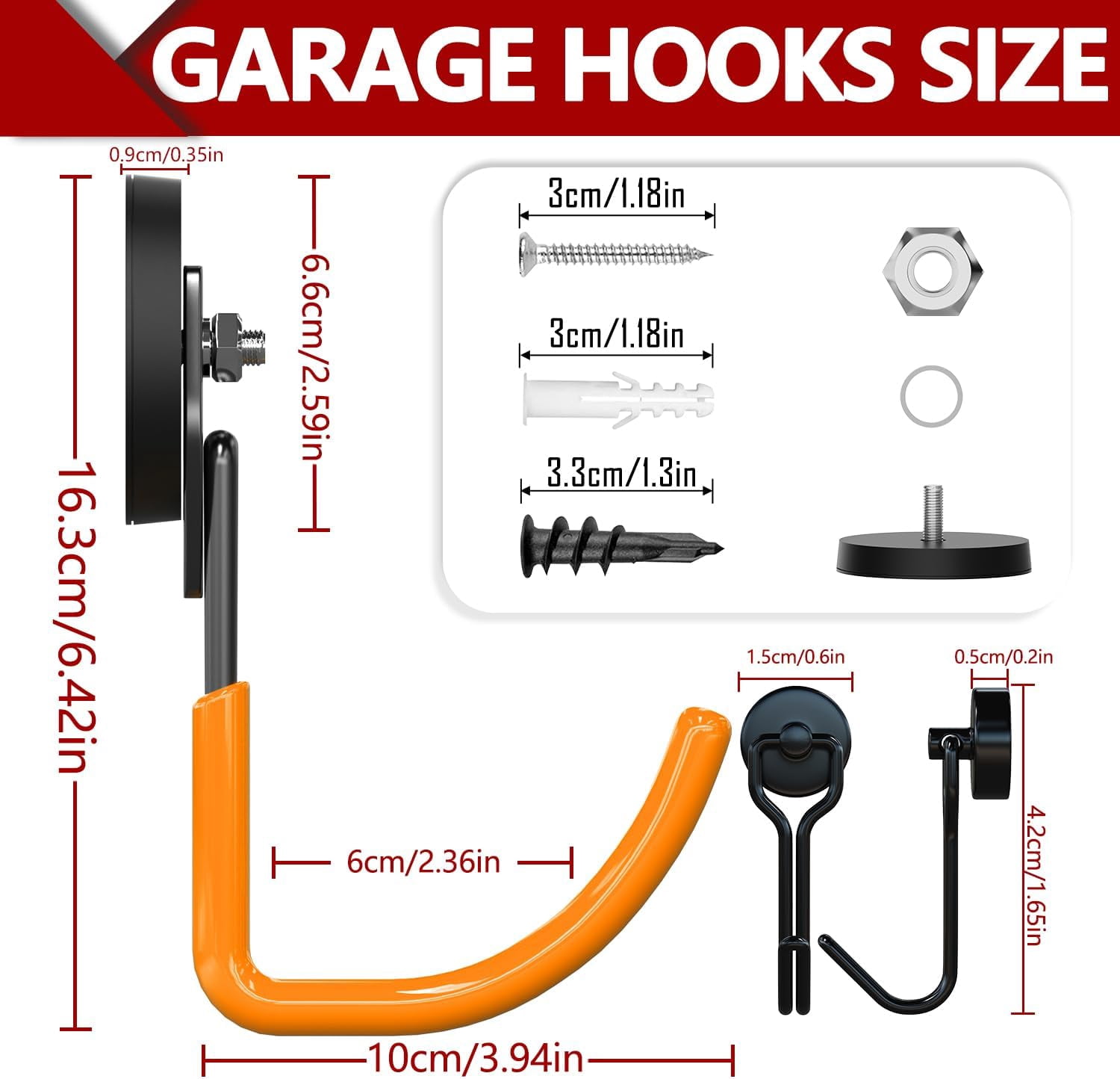 FEFEFW-Heavy Duty Magnet Garage Hooks 2 Pack, J Shape Strong Magnetic Hooks for Hanging Cordless Power Drill, Utility Magnetic Tool Holder for Metal Cabinet, Steel Pegboard, Toolbox, Garage(Orange)