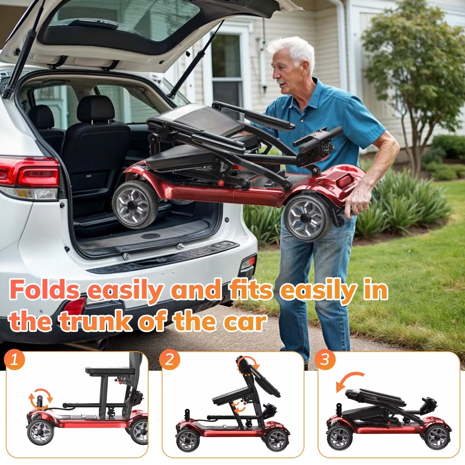 SACVON Lightweight Foldable Mobility Scooter for Seniors, Portable Electric Wheelchair with Lithium Battery, Red