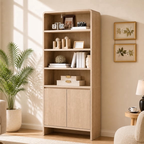 Merluxy 71“ Modern Bookcase with Storage Cabinets, 6-Tier Wood Bookshelf with Doors & Adjustable Shelves, for Living Room, Bedroom, Nature Oak