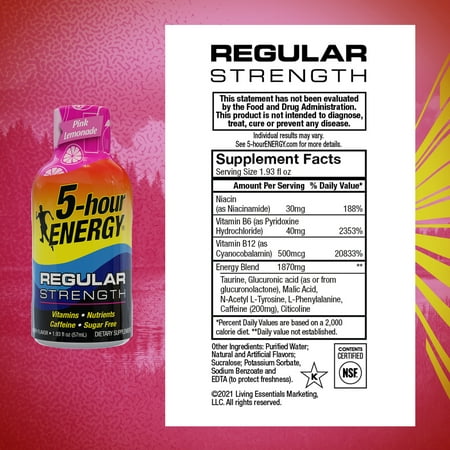 5-hour ENERGY Shot, Regular Strength, Pink Lemonade, 1.93 oz, 2 Count
