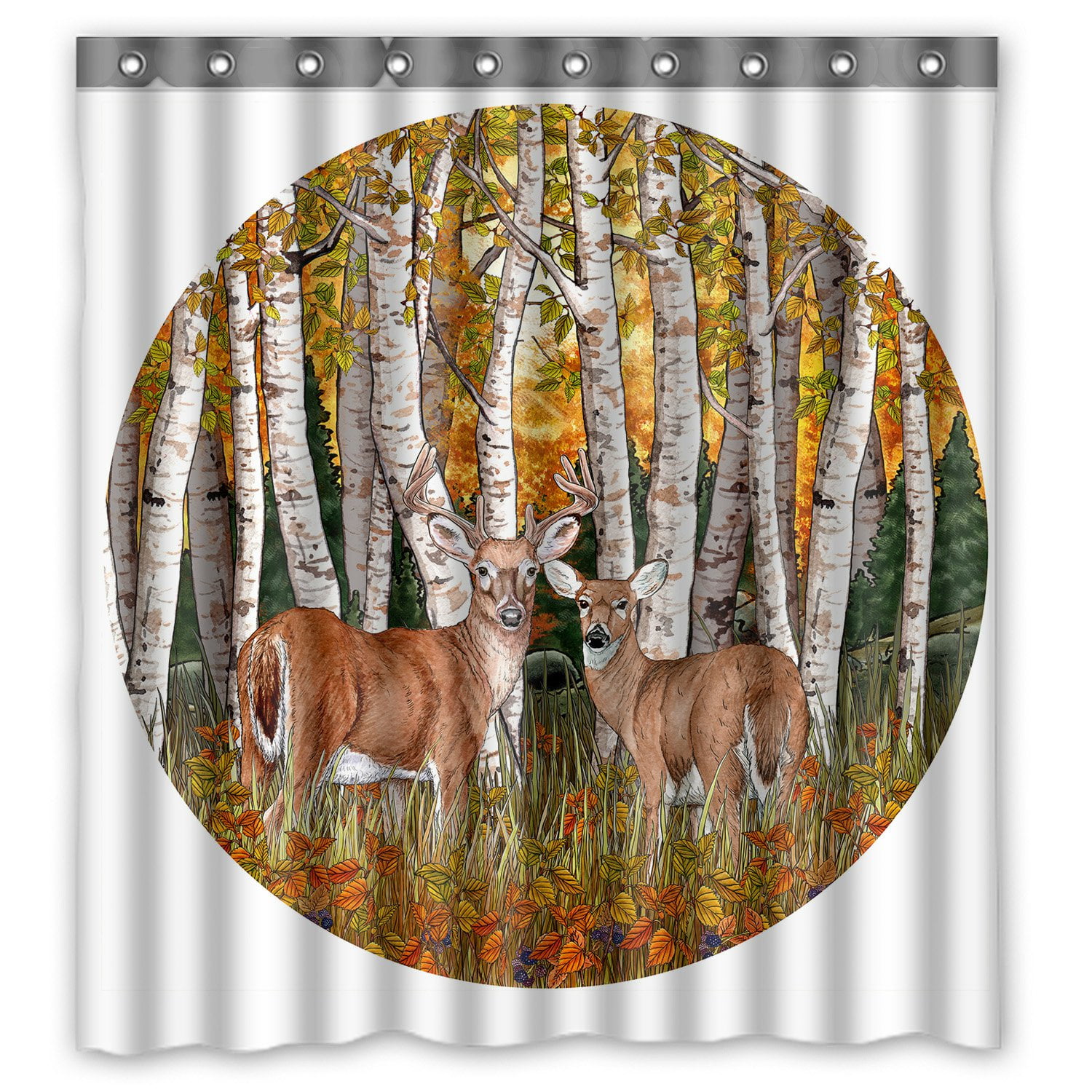 PHFZK Deer Animal Shower Curtain, Birch Forest Tree Branch