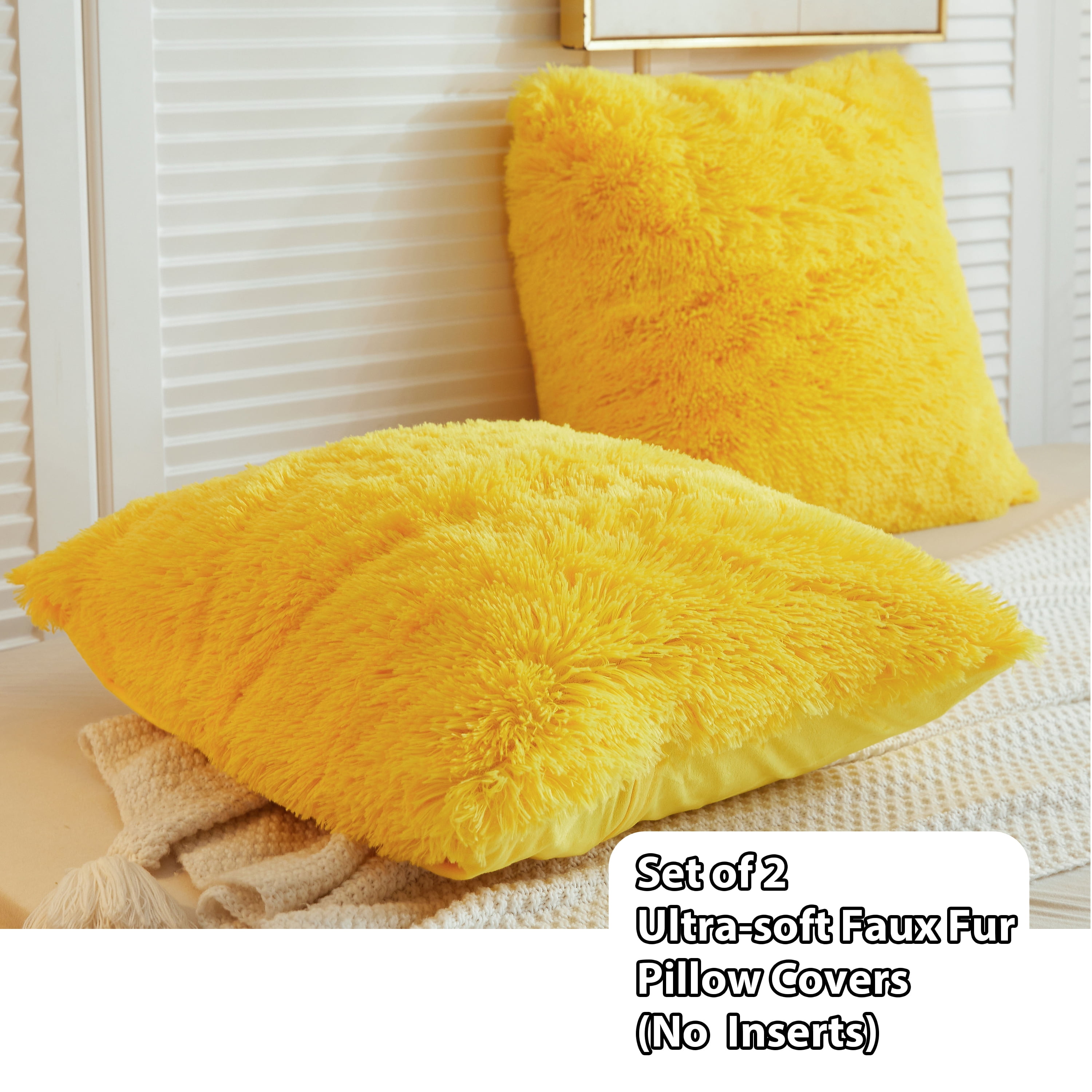 Pavilia Set Of 2 Fluffy Throw Pillow Covers, Decorative Faux Shearling Fur  Square Cushion Accent For Bed Sofa Couch, Yellow/18 X 18 : Target