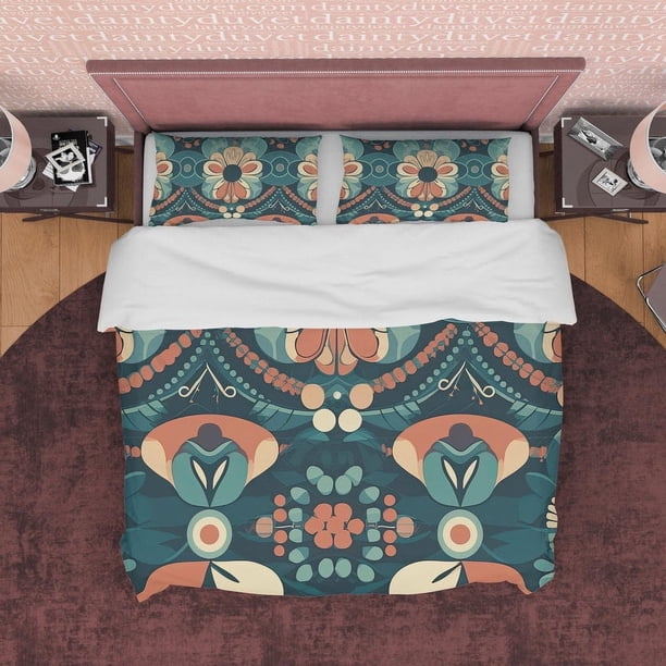 Juego de cama retro floral, funda nórdica geométrica, funda nórdica color mate,
