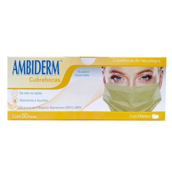 Cubrebocas Ambiderm Tricapa Amarillo 50 Piezas