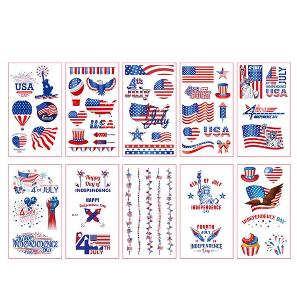 Pegatinas De Tatuaje Del Día De La Independencia, Pegatinas De Bandera Americana, Pegatinas De Tatuaje Temporal Del Día De La Independencia, Tatuajes Temporales Patrióticos 10 Hojas sonducket HA035231-00