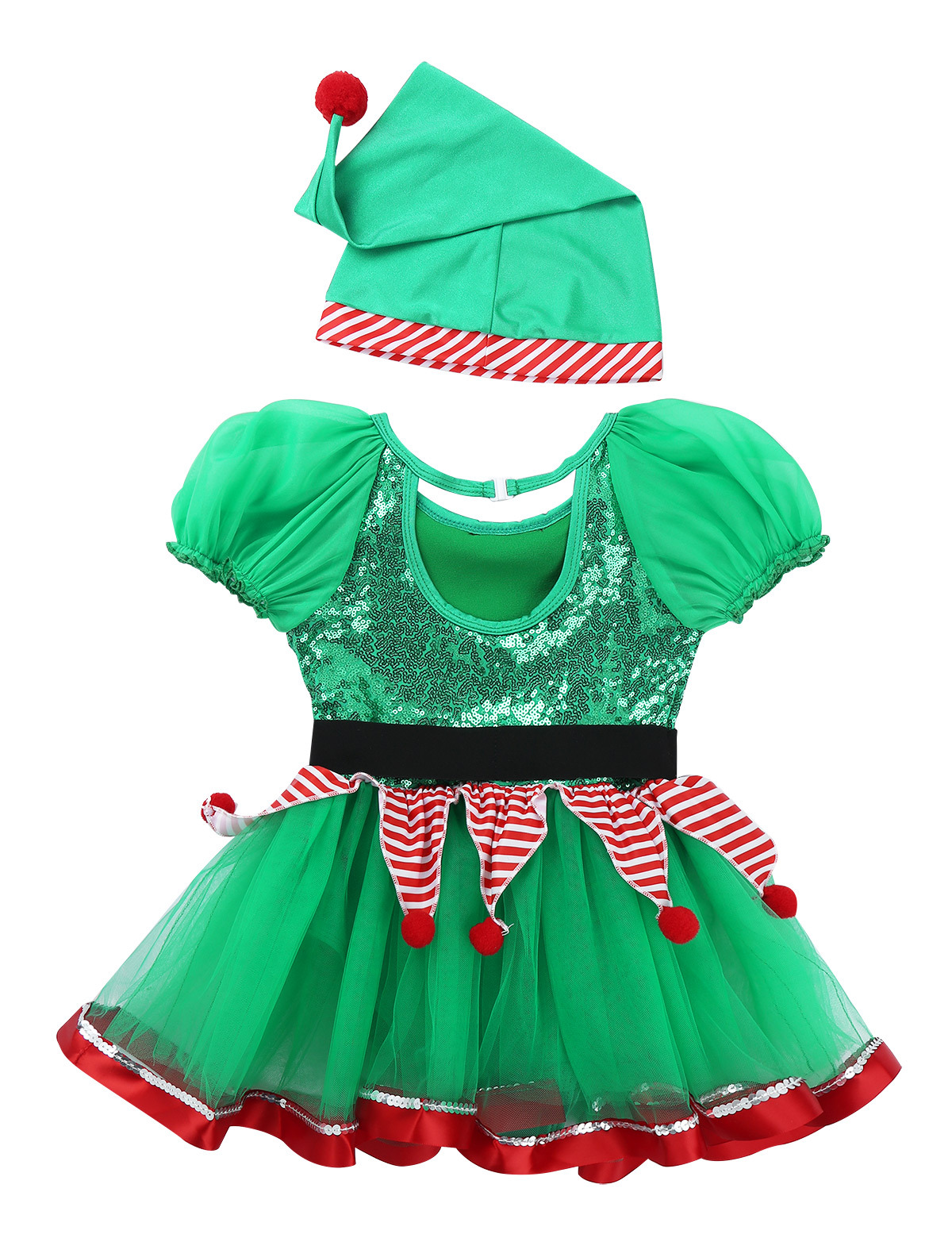 inhzoy Kids Girls Christmas Elf Cosplay Costume Xmas Outfits Sequin Tutu Dress Green 7 - image 4 of 7