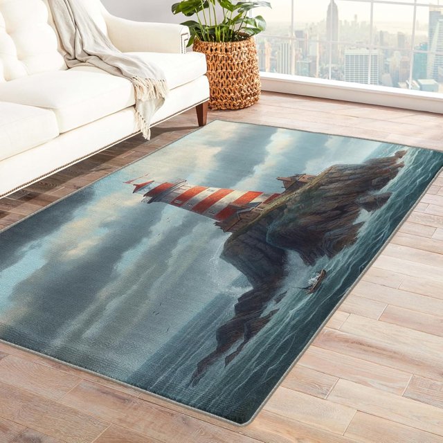 Lighthouse Area Rugs for Bedroom Living Room - 6x8 ft - Sea Carpet for Home Decor - Nautical Patterned Decorative Indoor Large Rug - Washable & Soft & Non Slip & Low Pile Z&0488