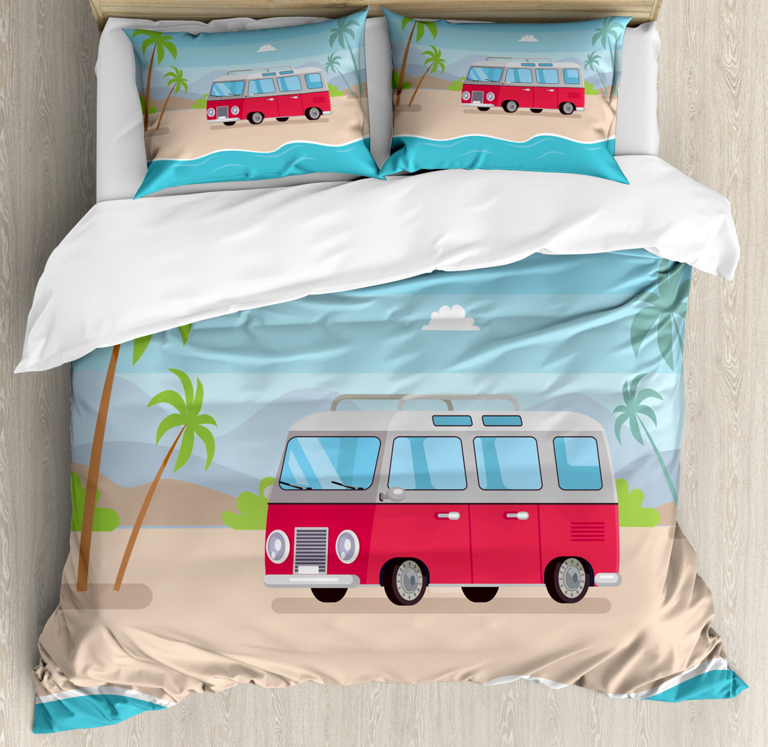 Hippie Old Exotic Bus Print Sketchy Quilted Bedspread & Pillow Shams Set 