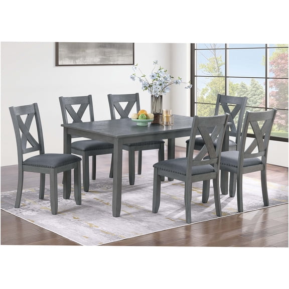 JERFIT 7-Piece Gray Dining Set with Cross-Back Chairs and Cushioned Seats, Modern Farmhouse Kitchen Table for 6