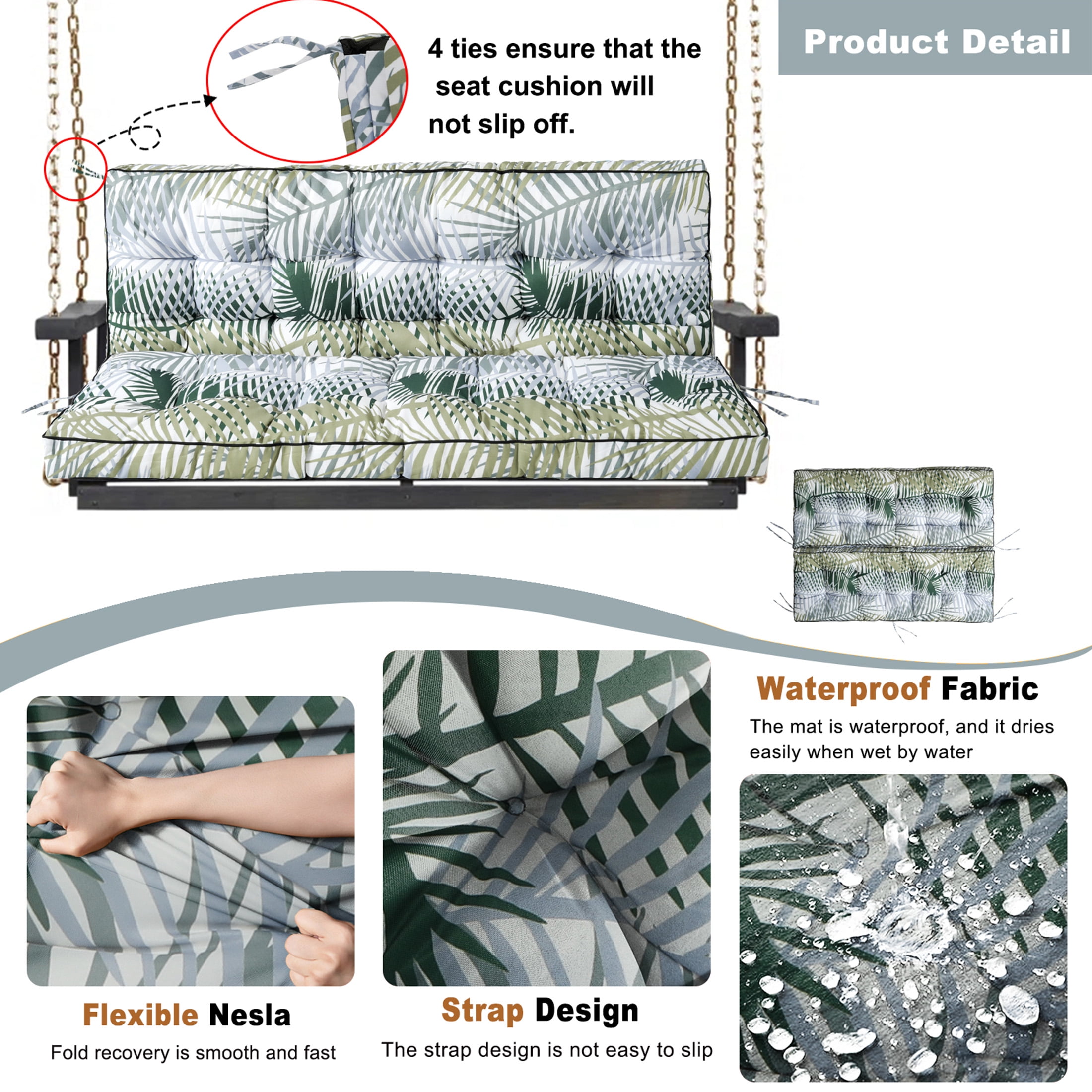 Porch Swing Cushion Thicken 4", 63" Swing Cushions 2-3 Seater Replacement, Waterproof Bench Cushions with Backrest, Anti-Fading Patio Swing Chair Pads for Outdoor Garden Furniture