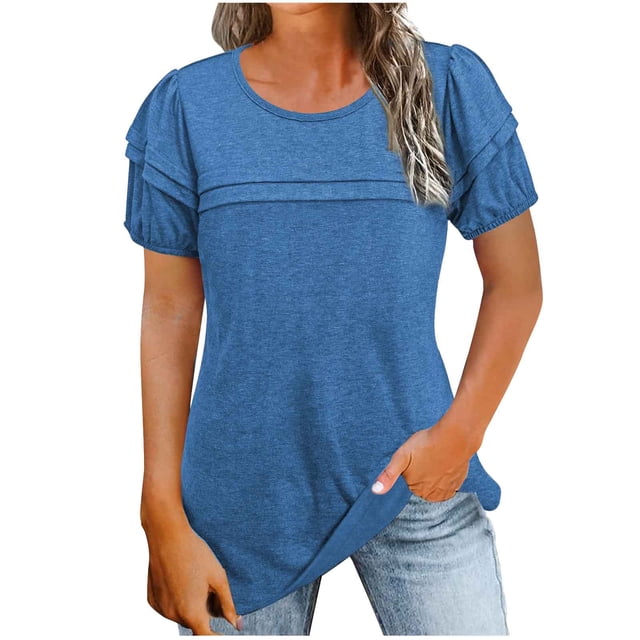 Timegard Hauts d'Été pour Femmes Col Rond Manches Courtes Couleur Unie Chandails Confortables Tuniques Décontractées pour Porter avec des Leggings