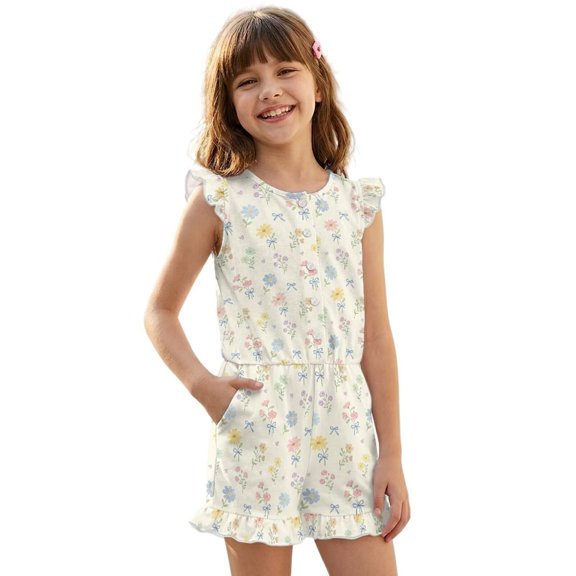 ZIATUBLE4S Pastel Floral Bow Print Girls Summer Romper Ruffle Cap Sleeves One-Piece Short Jumpsuit Soft Comfort Kids Casual Playsuit with Pockets for 5-6 Y