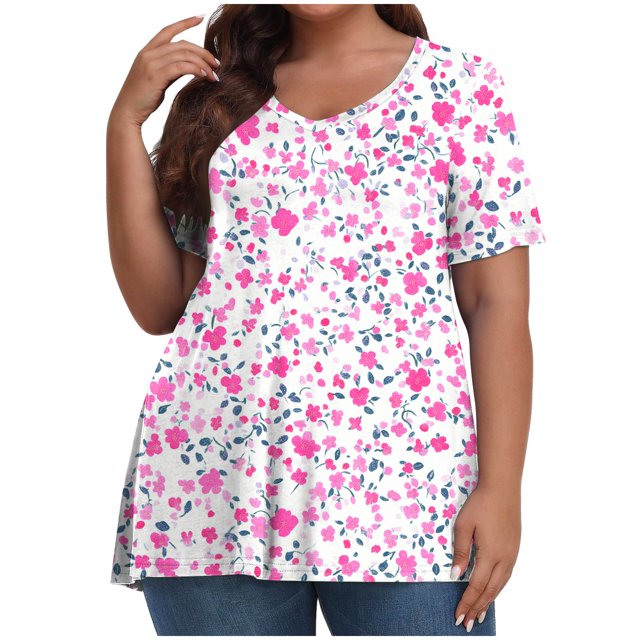 Pisexur Hauts pour Femmes, Hauts d'Été pour Femmes, Hauts Grande Taille pour Femmes, Hauts pour Dames Mode Été Sexy Imprimé Manches Courtes Col Rond Multicolore, 4TG