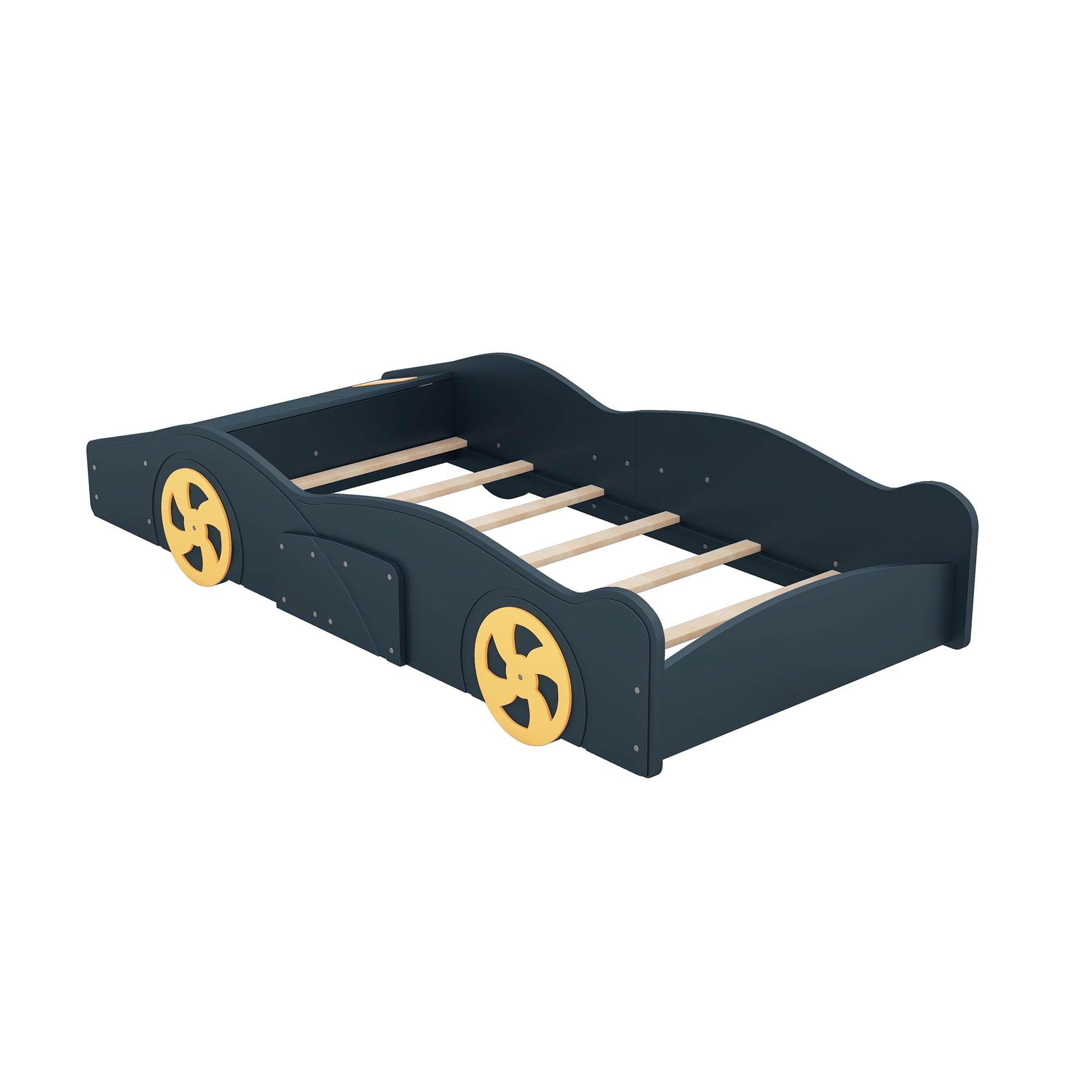PORKISS Race Car Twin Bed, Twin Size Floor Bed with Storage, Toddler Bed with Slat, No Box Spring Needed, Montessori Bed, Twin Bed for Kids, Boys, Dark Blue