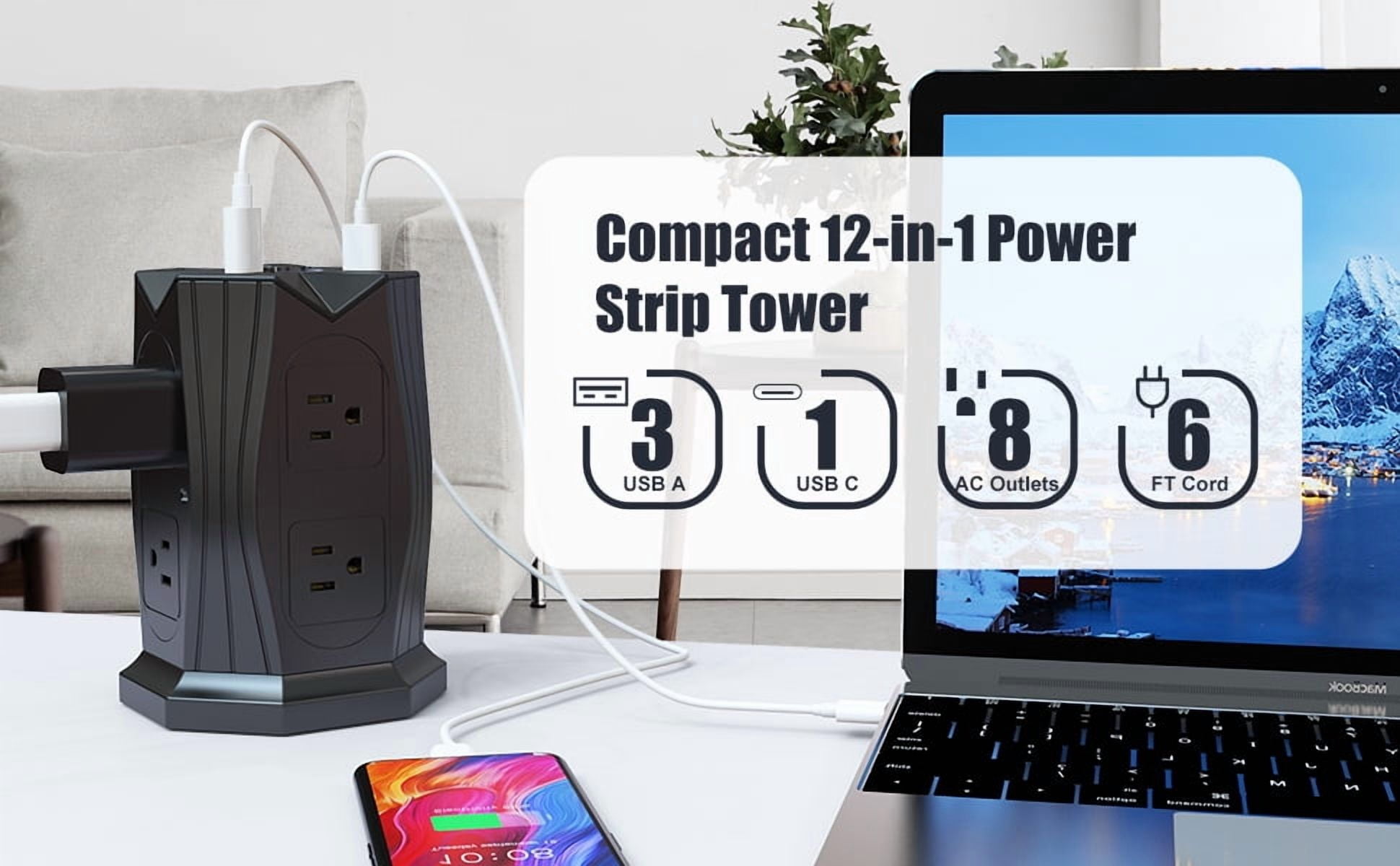 Tower Power Strip with Surge Protection,  8 AC Outlets + 3 USB +Type-C Ports, 6.5Ft Extension Cord