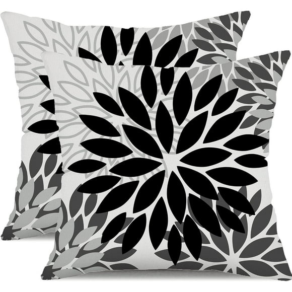 Black Grey Flower Pillow Covers 16x16 Inch Set of 2 White Gray Colored Throw Pillows Outdoor Waterproof Decor for Living Room Sofa Patio Funiture Garden Floral Polyester Pillow Covers 002I