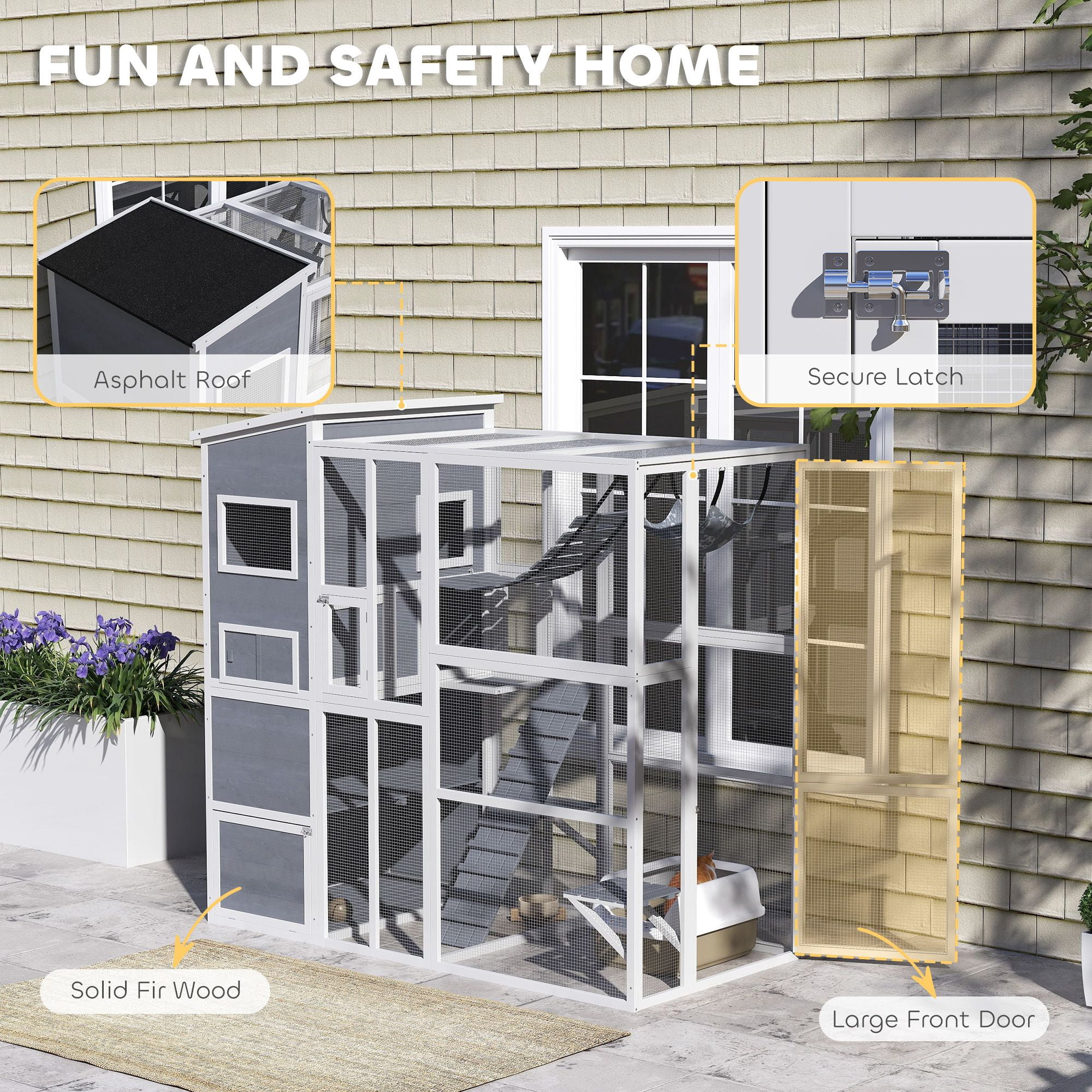 PawHut Large Outdoor Catio Enclosure, 76"W x 67.9"H Gray Fir Wood Cat Patio with 4-Tier House, Ramps, Hammock & Platforms for Backyard, Garden, and Secure Pet Play Space