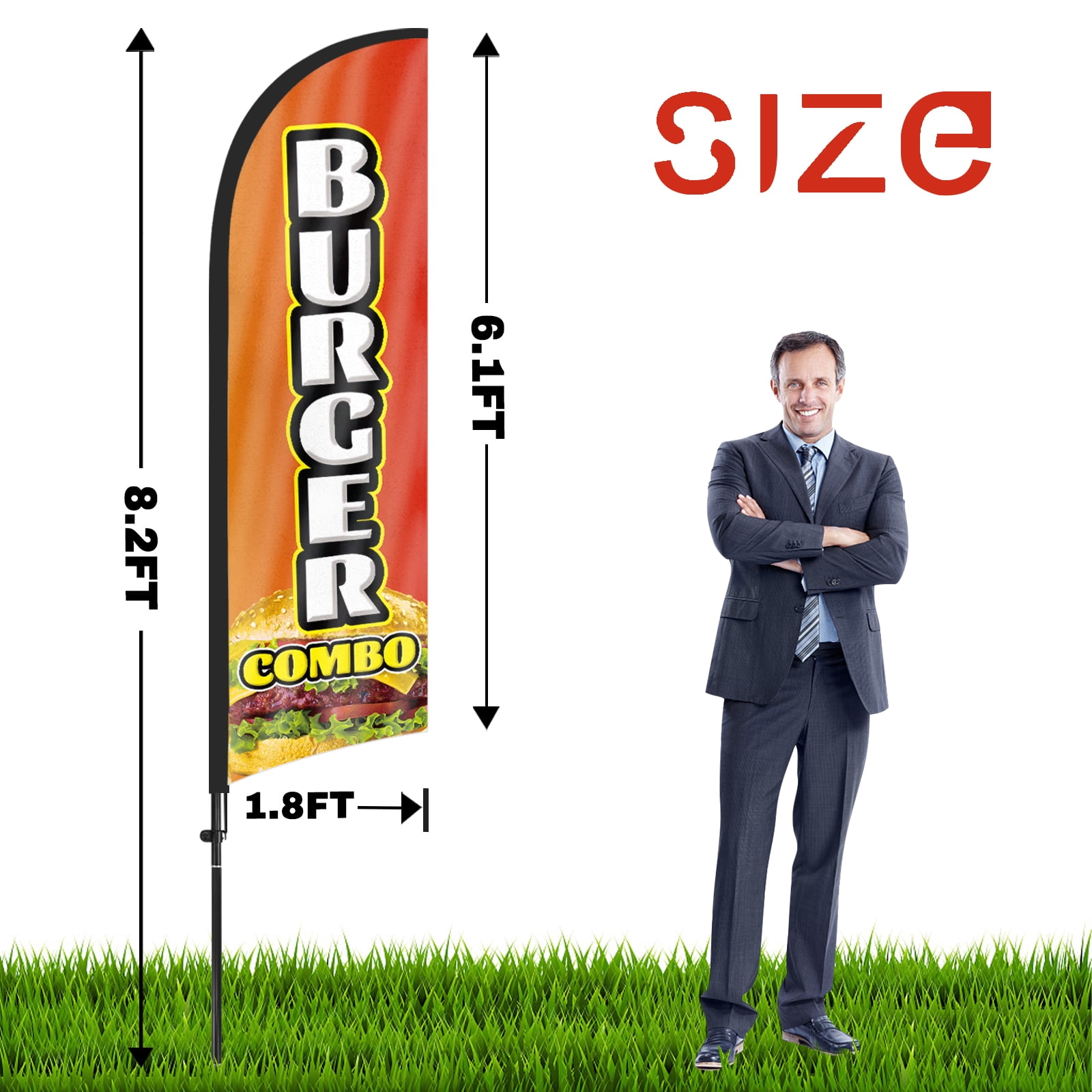QSUM Burger Combo Feather Flag with Flag Pole Kit and Ground Spike, 8.2FT Burger Combo Windless Flag Banner Sign Business for Outdoor Advertising Sign Decoration Display