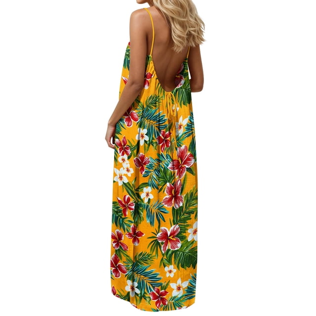 Neewe Robe d'Été Grande Taille pour Femmes Maxi à Bretelles Spaghetti Dos Nu Ample Décontractée à Imprimé Col Rond Ourlet Fluide Longue Robe Soleil Quotidien