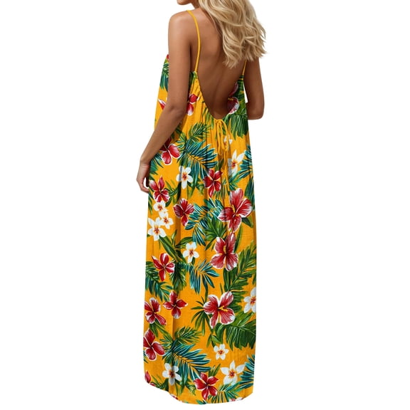 HOMBOM Womens Summer Maxi Dresses Sundresses Tropical Floral Bohemian Backless Yellow Casual Slip Dress for Women Sleeveless