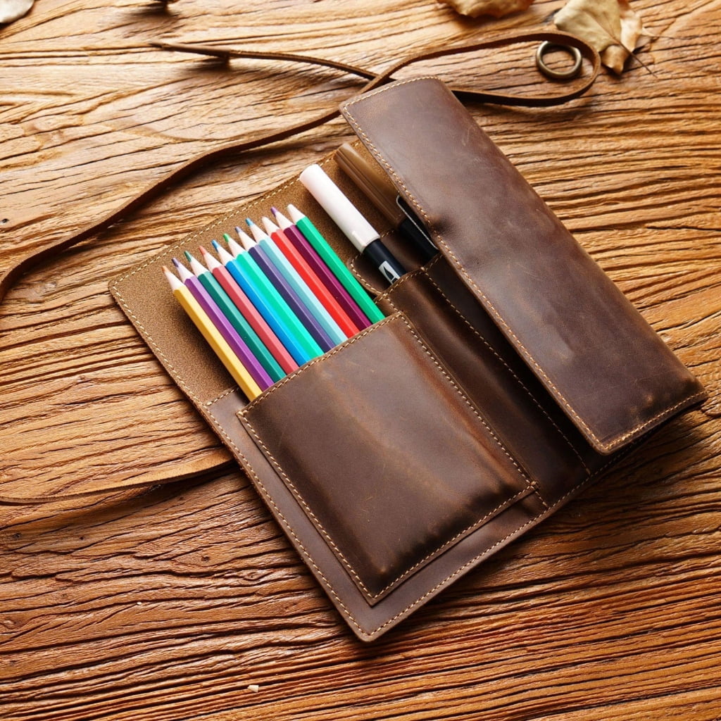 Leather Pen Roll Organizers Multiple Compartment Pencil Case For Student Artist