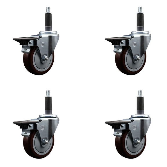 4 Inch Maroon Poly Swivel 1 Inch Expanding Stem Caster Set with Brake SCC