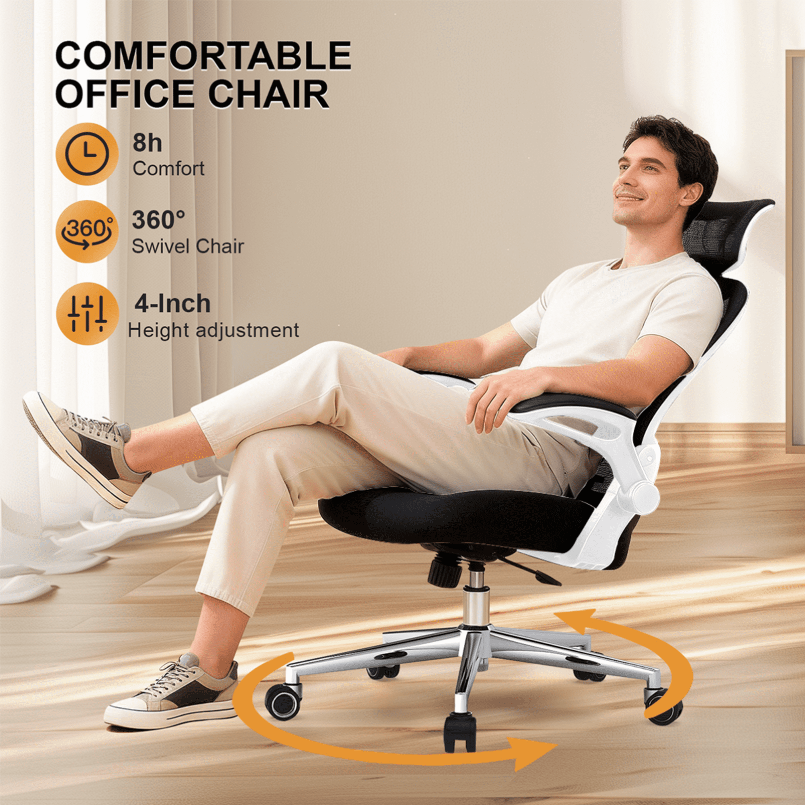 Office Chair, Ergonomic Breathable Mesh,Flip-Up Arms and Adjustable High Back Lumbar Support,Comfy Computer Chair for Home Office