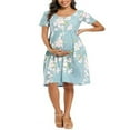 thumbnail image 1 of Robe de Maternité à Manches Courtes pour Femmes, Col Ras du Cou, Robe de Baby Shower à Manches Courtes à Fleurs/rayées, 1 of 5