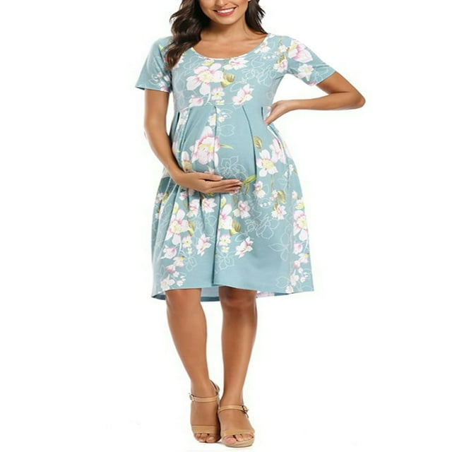 Robe de Maternité à Manches Courtes pour Femmes, Col Ras du Cou, Robe de Baby Shower à Manches Courtes à Fleurs/rayées