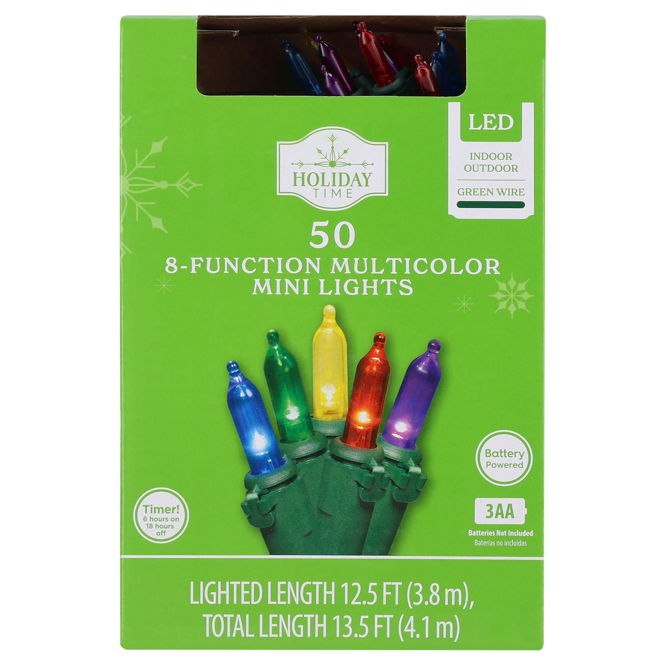 Indoor/Outdoor 50-Count LED 8-Function Mini Christmas String Lights, Multicolor, Green Wire, 12.5', by Holiday Time